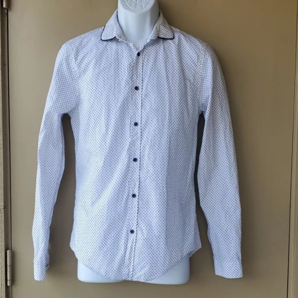 Mens Zara Navy Blue White Dot Print Floral Long-sleeve Dress Button Down Shirt